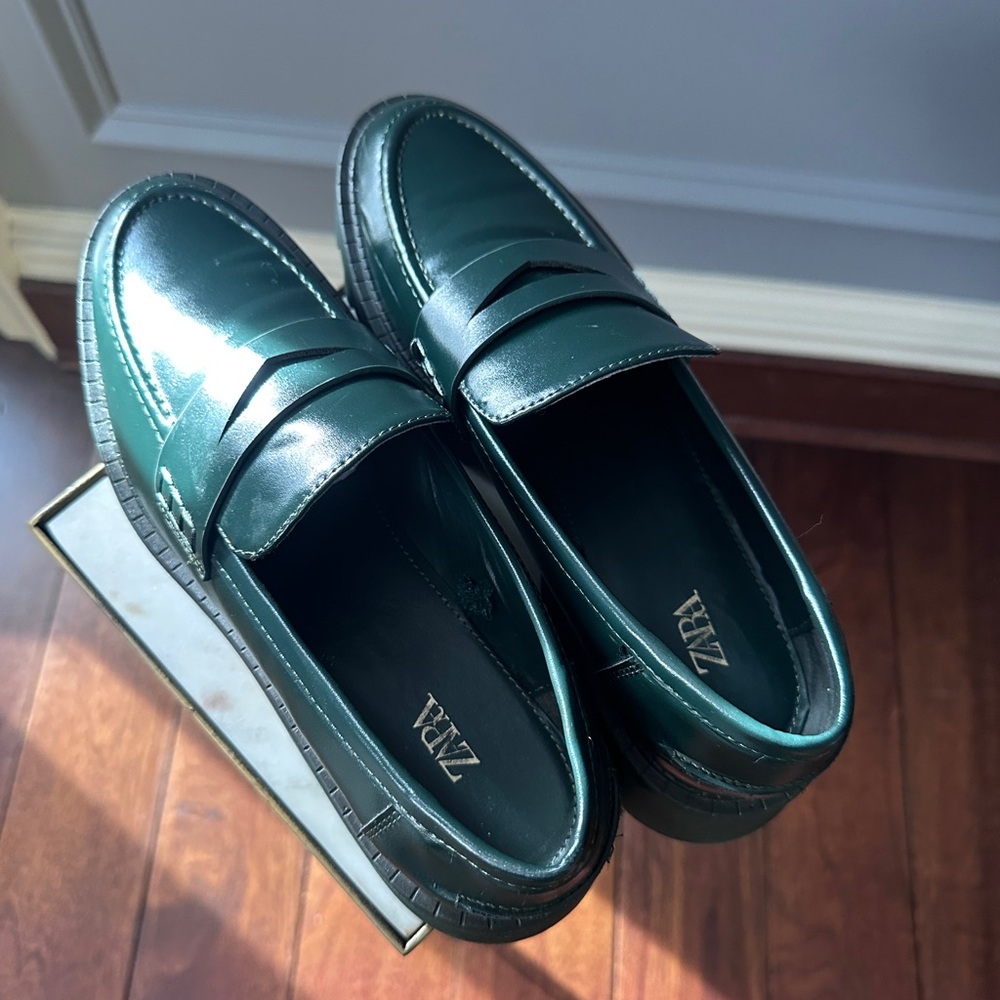 Zara Dark Green Leather Penny Loafers - Picture 4 of 6
